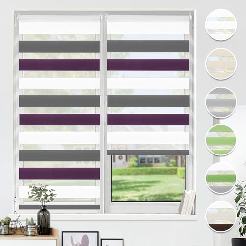 HOMEDEMO Doppelrollo Klemmfix ohne Bohren & mit Bohren, Rollos für Fenster und Tür,35x130cm(Stoffbreite 35cm,Weiss-anthrazit-aubergine),Duo Rollo Klemmrollo lichtdurchlässig Fensterrollo Sichtschutz