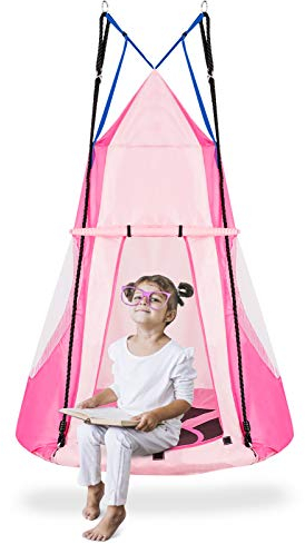 GOPLUS Columpio Nido de 100 cm con Tienda de campaña, Columpio Colgante Redondo para jardín, soporta hasta 100 kg, Ajustable de 100 a 160 cm, con Marco de Acero, con Puerta, para niños y Adultos