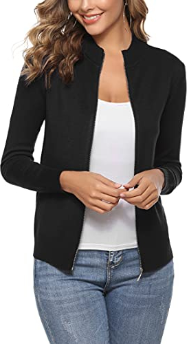 Aottori Cardigan Donna con Zip Maglione Cerniera Leggero Giacca in Maglia Elegante Golfino a Maniche Lunghe Pullover Aperta Casual per Primavera Autunno Invernale Nero M