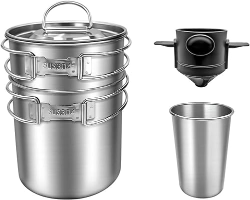 Faltbare Campingbecher & Becher, Topf, 304 Lebensmittelqualität, Camping-Topf, Kochgeschirr-Set, Edelstahl, Outdoor-Camping-Kochset mit belüftetem Deckel, Kaffeefilter, Edelstahl, Rucksackreisen,