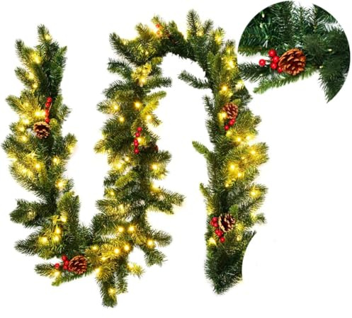 RELAX4LIFE Weihnachtsgirlande mit Beleuchtung, 270 cm Girlande Weihnachten, Tannengirlande Künstlich mit 100 LED-Lichtern & Zapfen & Roten Beeren & Timer-Funktion, Weihnachtsdeko für Türen, Treppen