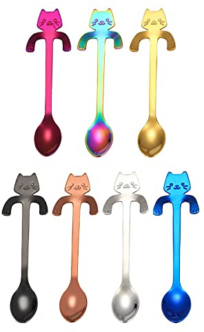 Lowats Cucchiaino Gatto 7 Pezzi Cucchiaini da Caffè Cucchiaini Gatto in Acciaio Inossidabile Sospeso Little Cute Cat in Acciaio INOX A Cucchiaino da Caffè Gatto Cucchiaini Caffe Cucchiaini Lunghi