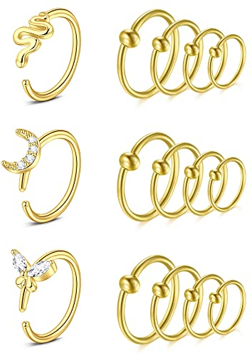 VF VFUN Nose Rings 18G Women Nose Hoop Rings Stainless Steel Snake Butterfly Moon Nostril Jeweller Piercing Diameter 6-12MM Helix Hoop Earrings Gold