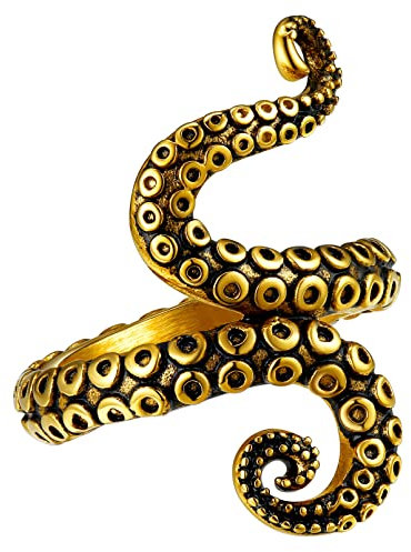 FaithHeart goldener Krake Ring in Ringgröße 62 Herren Damen Fingerring Vintage Tentakelring Siegelring Partnerring Punk Retro Siegelring für Paar Pärchen