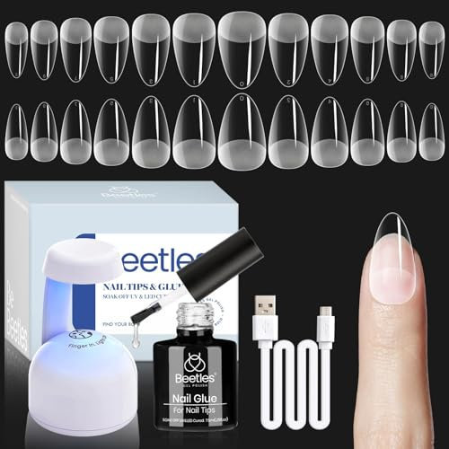 Beetles Nail Tips Kit Almond, 504pcs Nägel Zum Aufkleben Kit Easy Nagelverlängerungs-Set Etch X Nageltips Für Gelnägel Kurz Medium Almond Half Matte Nail Tips 5 In 1 Nail Glue Uv Led Nail Lamp DIY