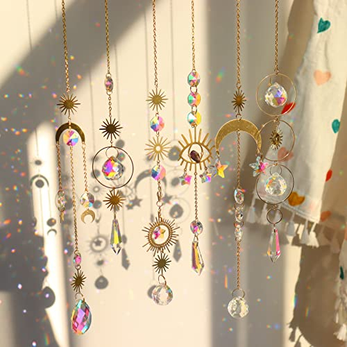 6 Stück Sonnenfänger Kristall Hanging Windspiel, Fenster Hanging Kristalle Anhänger Deko Sonnen Mond Stern Regenbogen Kristal Ornament, für Haus Garten Weihnachten Tag Party Hochzeit Dekoration