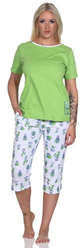 Normann Damen Kurzarm Schlafanzug mit Kaktus als Motiv und Caprihose, Farbe:grün, Größe:40-42