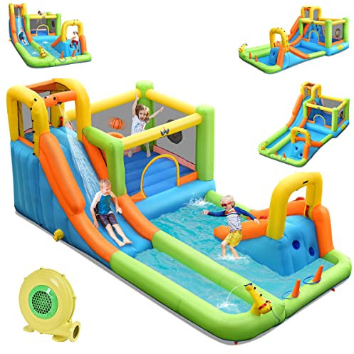 COSTWAY Château Gonflable 8 en 1 avec 2 Toboggans, Parc Aquatique avec Maison de Saut, Mur d'Escalade, Panier de Basket, Sac de Transport, Charge 135kg pour 3 Enfants de 3-10 Ans (Avec souffleur 680W)