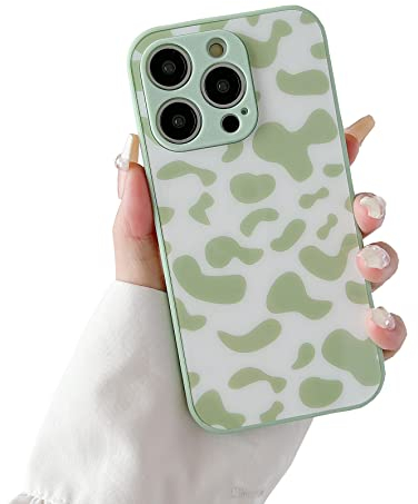 DEFBSC Compatible with iPhone 14 Pro Case,Cute Milk Cow Print Phone Case for Girls Women Ultra Slim Hard PC Back Soft TPU Bumper Shockproof Protective Case for iPhone 14 Pro - Light Green