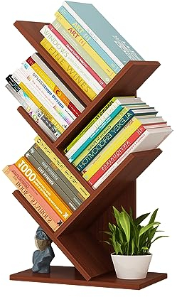 HSJKWPT Bücherregal in Baumform, Bücherregal mit 4 Ebenen Standregal in Baumform Bodenstehendes Bücherregal 31 * 17 * 59CM CD DVD Regal für Wohnzimmer Schlafzimmer Büro (Teakholzfarbe)