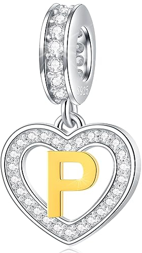 Buchstabe P Charms Initial Halskette Anhänger, 18K Vergoldet Letra p, 925 Sterling Silber Herz Alphabet Dangle CZ Perlen, fit Pandora DIY Name Armreif Armband, Geschenke für Papa/Eltern/Party