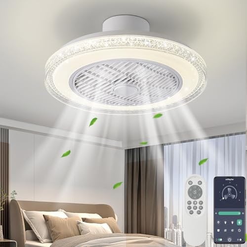 Modern Ceiling Fan with Light Flush Mount Low Profile Ceiling Fans with Lights Remote Control 3 Speed Settings Dimming 72W LED Smart Ceiling Fan Lights for Bedroom (Crystal DC)