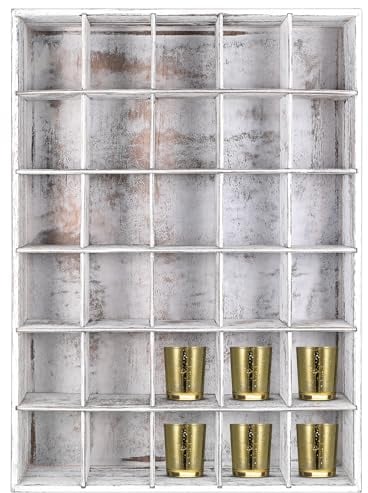 Wenqik 1 x Schnapsglas-Vitrine für die Wand, 30 Fächer, Holzschnapsglashalter, rustikales Regal, Sammlungsständer, freistehend (altweiß)