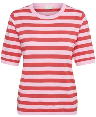 KAFFE Strickpullover KAlizza Damen Strickpullover Kurzarm Streifen Lässig Casual Rundhals Pullover Gestreift Pink Mist/Cayenne Stripe M
