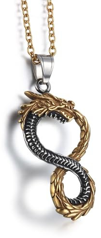 GTHIC Halskette mit nordischem Drachen-Ouroboros-Anhänger für Männer und Frauen, Wikinger-Schmuck mit Kette, 60 cm lange goldene Halskette