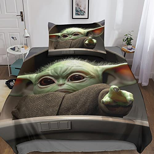 POCHY Baby Yoda 3D Bettbezug Set 3-teilig Für Teenager Jungen Mädchen Weiche Komfort Microfaser Science FictionBettwäsche 3teilig Mit Reißverschluss Und Kissenbezug Single（135x200cm）