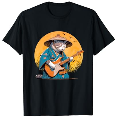 Katze spielt E-Gitarre, Katzengitarre und japanische Samurai T-Shirt
