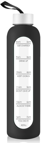 1 Liter Glass Water Bottle with Stainless Steel Lid - 1000ml Sports Drinking Bottle with Time Marker, Reusable Shatterproof Silicone Case Bottle for Fitness Gym Outdoor Travel Workout (Black)