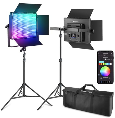 NEEWER 2er Pack PL60C RGB Videoleuchte LED Panel Dauerlicht Set mit 2m Licht Stativ/Tasche APP/2,4 G/DMX Steuerung 60W 23000Lux/0,5m 2500K-10000K 18 Szenen RGBCW Pro Fotografie Studiobeleuchtung