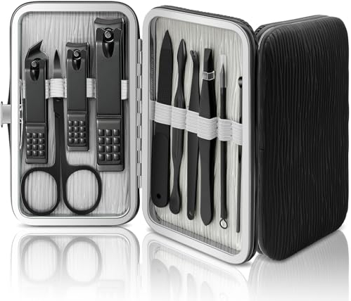10 in 1 Manicure Set, Professional Manicure Pedicure Set, Nail Kit Manicure Set for Women, Mens Nail Grooming Kit, Black Manicure Tools with Leather Travel Case, Nail Care Kit for Friends Parents Gift