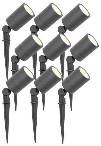 Ledvion - 9er Set, Gartenstrahler mit Erdspieß, IP65, 3W, 2700K, 220-240V, Warmweiß, LED Strahler, Gartenbeleuchtung mit Strom, Mit GU10 Leuchtmittel, Dimmbar, Wasserdicht