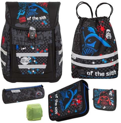 Familando - McNeill Teneris Schulranzen Set - 6-teilig mit Federmappe - Star Wars Darth Vader - Ergonomisch & mit Brustgurt - 980g leicht mit 18L Volumen & Reflektoren - ab 1. Klasse
