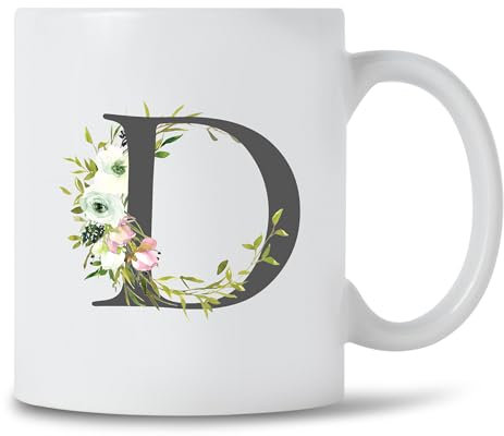 Seriously Frank Personalised Floral Initial Coffee Mug, Grey Text, A-Z Letters of The Alphabet Decorated with Flowers (Initial D)