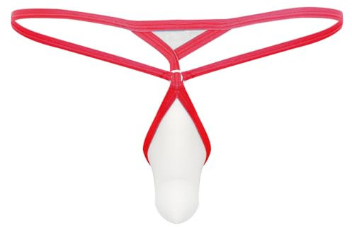 dPois Mini String Ficelle Homme Micro Bikini Poche Penis T-Back Slip Sissy Lingerie Homme Sexy Coquin sous-Vêtements Tanga Thong Jockstrap Gay S-3XL Rouge M