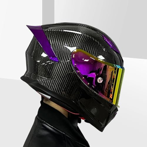 YPDOPORA Kohlefaser-Motorradhelm, Integralhelm Mit HD-Visier, DOT/ECE-Zugelassener Motorrad-Moped-Straßenrad-Rennhelm, Schneemobil-Helme Für Männer Und Frauen,Lila,XL56~57cm