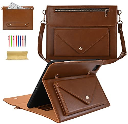Dteck Schutzhülle für iPad Pro 27,9 cm (11 Zoll) M4, 2024 mit Schultergurt, integrierter Stifthalter/Taschen/Kartenfächer, Knopfverschluss, PU-Leder, Klappständer, für Männer und Frauen, Braun