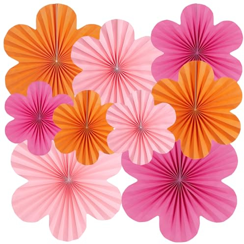 SUNBEAUTY Lot de 9 éventails en papier, guirlande de fleurs orange/rose, à suspendre, décoration de fête pour mariage, anniversaire, salle de classe, baby shower