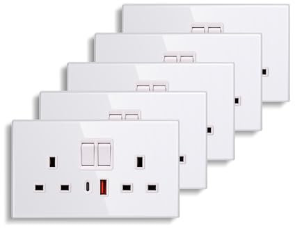 CNBINGO Double Switched Socket with 20W PD USB C and A Fast Charging Ports, Electric Power Sockets 2 Gang 13 Amp, White Tempered Glass Panel Wall Outlet, 5 Pack