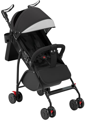 Poussette 4 Roues, jusqu'à 25 kg, Grande Capote, Pliage Compact, Dossier Inclinable, Guidon Réglable en Hauteur, Grandes Roues Tout -A-noir
