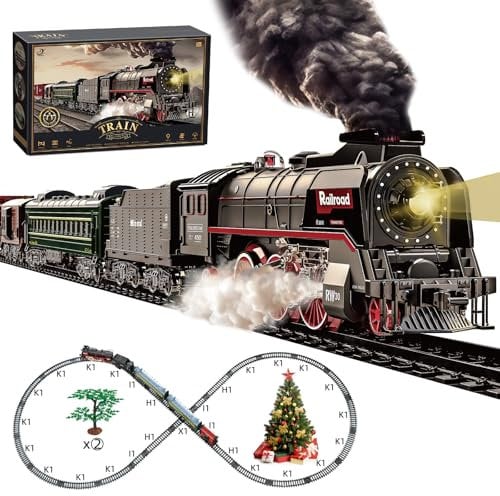 Hitish Eisenbahn Set für Kinder, Elektrische Eisenbahnspielzeuge mit Realistischen Lichtgeräuschen Rauch, Weihnachtszug Modell Geschenke, Dampflokomotive, Luxus-Schiene & 2 Leuchtende Personenwaggons