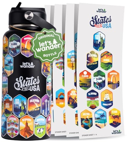 LET'S WANDER Lets Wander Wasserflasche mit wasserfesten Aufklebern, auslaufsicherer, isolierter Edelstahl mit Strohhalm, 900 ml, Schwarz