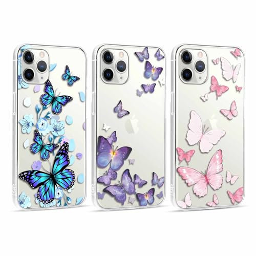 RUMDEY 3 Pack Clear Butterfly Print Phone Case for iPhone 11 Pro 5.8, Cute Girly Pattern Design Anti-Scratch Soft Slim TPU Silicon Protective Bumper Funda Cover for Women Girls - 01