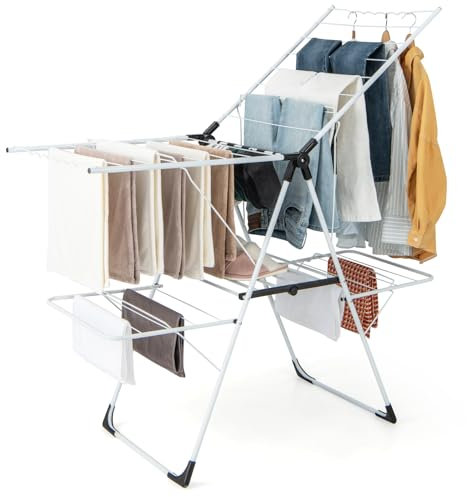 RELAX4LIFE Folding Clothes Drying Rack, Collapsible 2-Level Clothes Airer Drying Horse with 33 Drying Rails, Height Adjustable Wings and Sock Clips, Stainless Steel Laundry Dryer Hanger (White)