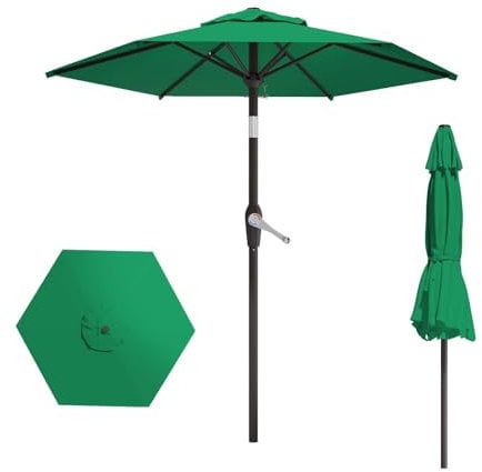 AreShark Parasol de patio de 2,3 m pour table de marché avec inclinaison et manivelle, parasol d'extérieur rond robuste pour jardin, terrasse, jardin, piscine et plage, vert foncé