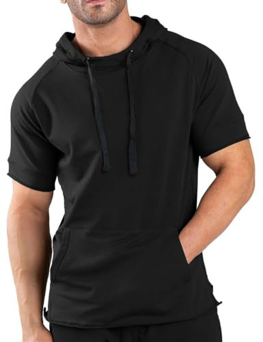 COOFANDY Men's Short Sleeve Hoodies Casual Workout Gym Tops Outdoor Athletic T-Shirts With Pockets Black M