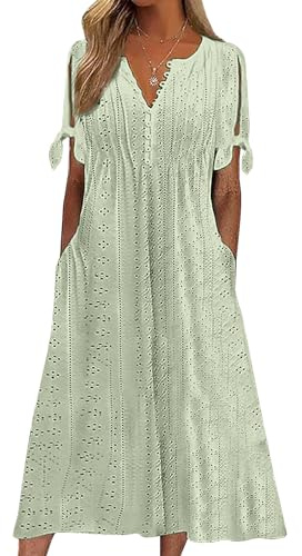 CheChury Kleid Damen Sommer Sommerkleid Strandkleid Midi Kleid Leicht Luftig Blusenkleid Sommerkleid Maxi Kurzarm Große Lang Maxikleid Strandkleid Schick A Linie Freizeitkleid Boho Kleid mit Taschen