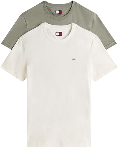 Tommy Jeans Men’s 2 Pack Extra Slim Cotton Jersey Short Sleeve T-Shirts, Multicolor (Ecru/Utility Sage), XXL
