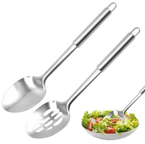 Watlikeup Stainless Steel Cooking Spoons Set, 2pcs Slotted & Solid Serving Spoons, 31cm Long, Dishwasher Safe, Perfect for Cooking, Stirring, Serving