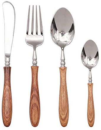 Juego de Cubiertos de 48 Piezas para 12 Personas, de Acero Inoxidable Negro, con Mangos de Madera y Soporte de Metal, Acabado Pulido Espejo