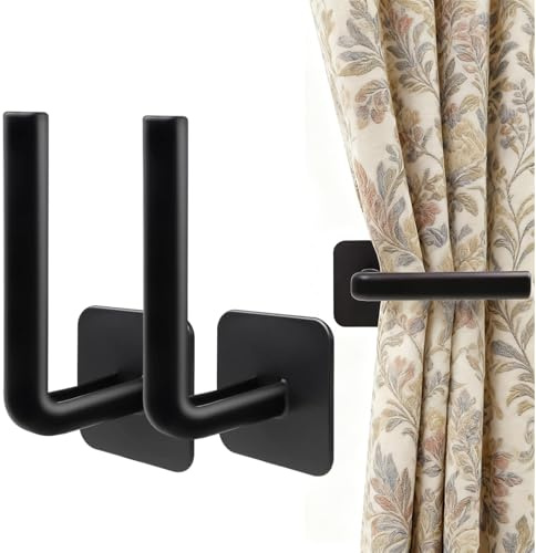 2 Pack Curtain Holdbacks, L Shaped Self Adhesive Curtain Tie Backs, No Drill Black Curtain Tie Backs Hooks, Wall Mounted Curtain Holder for Home Decor Living Room Bedroom