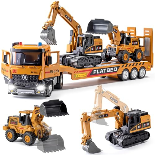 Kids Construction Toy Set Metal Cab, Semi Truck, Excavator, Bulldozer