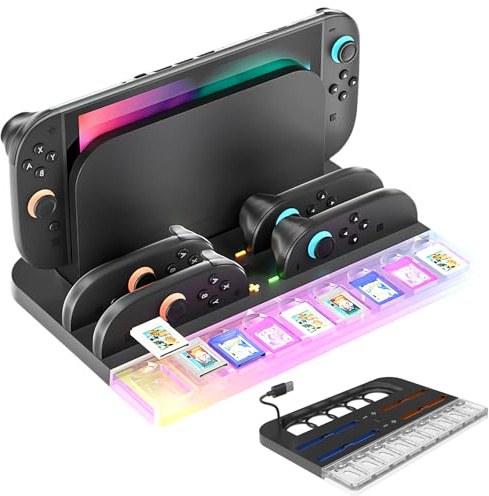 AriKroii 6 en 1 Chargeur pour Nintendo Switch 2 ,Station de Charge Compatible avec console et Contrôleurs Nintendo Joy-con 2, 7 Modes RGB Lumière et Indicateur de Charge 9 Emplacements Cartes de Jeu