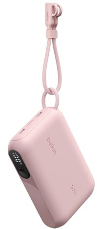 Belkin BoostCharge 10000mAh Power Bank, Digitale Akkuanzeige – Rosa | 10K Powerbank, 2 USB-C-Anschlüsse, 20W Akkupack, Geeignet für Flugreisen, Bereits Aufgeladen, Abnehmbares USB-C-Kabel, Leicht