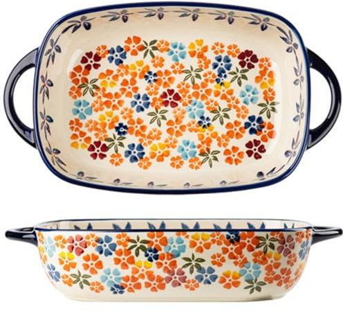 Platos de cacerola de 1 por ciento para horno, plato de cerámica rectangular rectangular de 13x7.5x33 pulgadas con orejas resistentes al calor de la bande