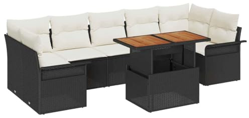 vidaXL 8-teiliges Garten-Sofa-Set mit Kissen, schwarz, aus Poly-Rattan. Perfekt zum Essen und Entspannen. Modular, für Lounge-Sitzgelegenheiten auf der Terrasse oder im Garten. Rechteckig.