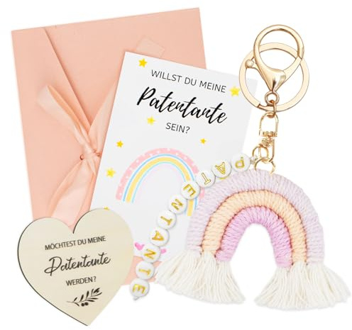 ZOCONE Patentante Schlüsselanhänger Geschenk Patentante Fragen mit Karte Briefumschlag Herzform Holz, Schwangerschaft Verkünden Karte Geschenke Patentante Taufgeschenke für Baby Geburt Babyparty
